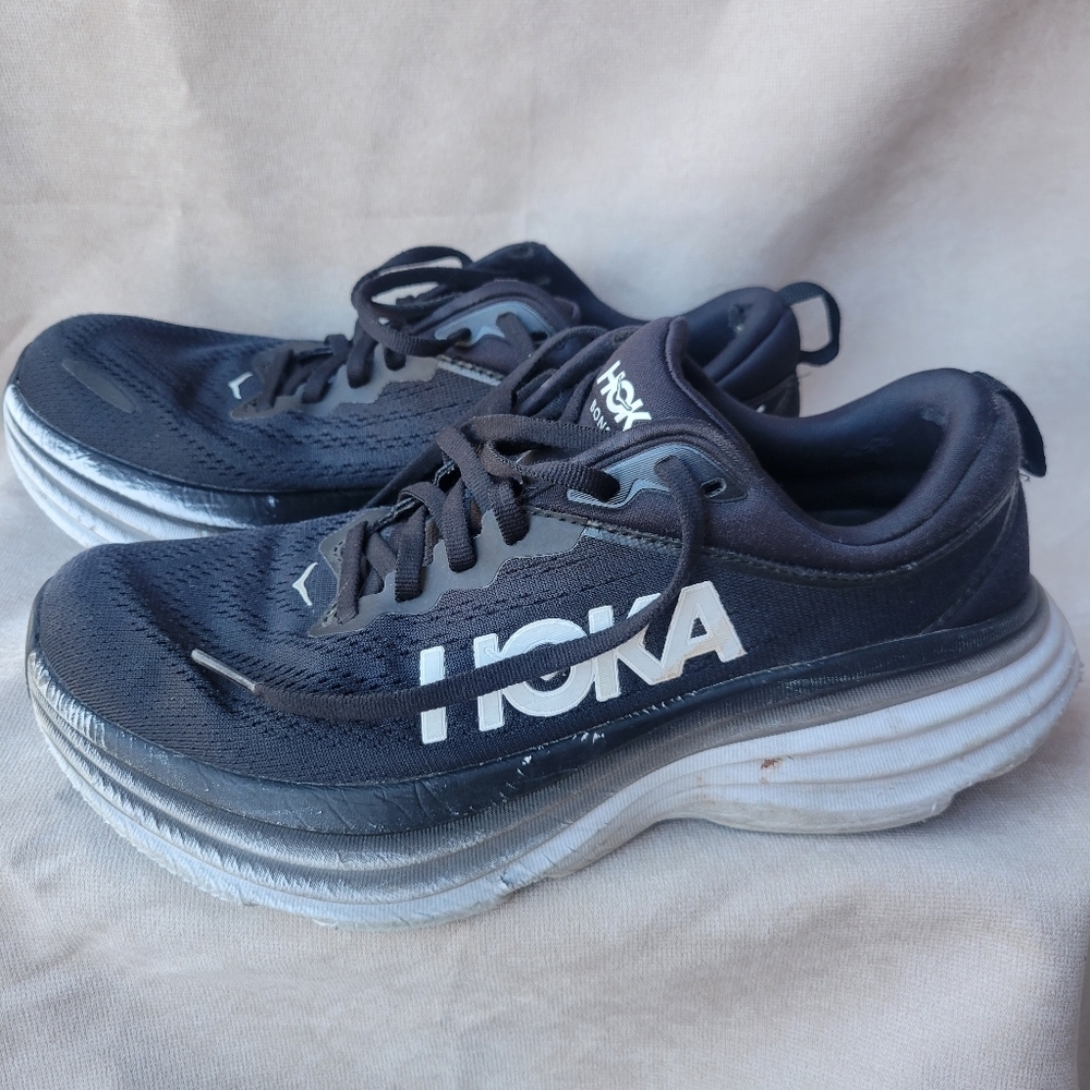 HOKA Black and White Bondi 8 Running Shoes